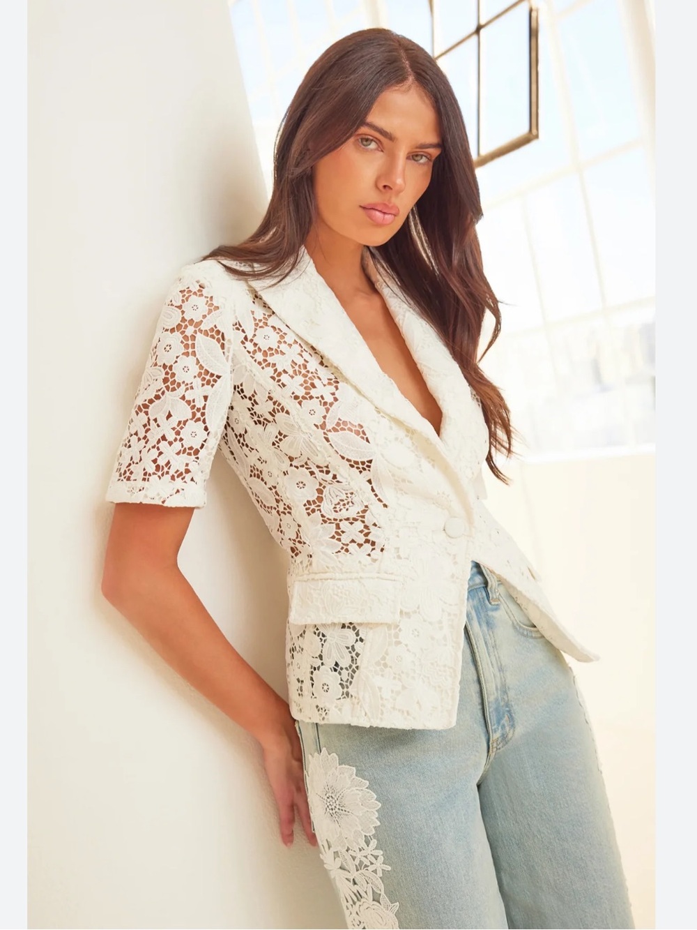 GENERATION LOVE Lace Short-Sleeve Blazer Jacket - White